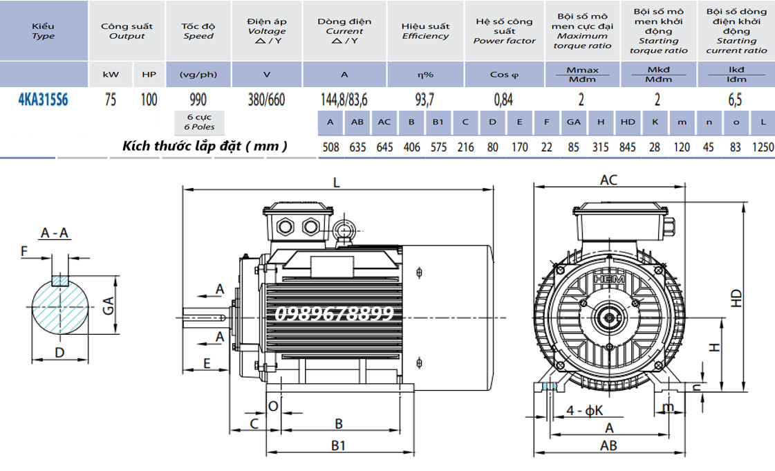 Catalogue  Động cơ điện 75kW - 6P (tốc độ 990 - 1000 r/min)
