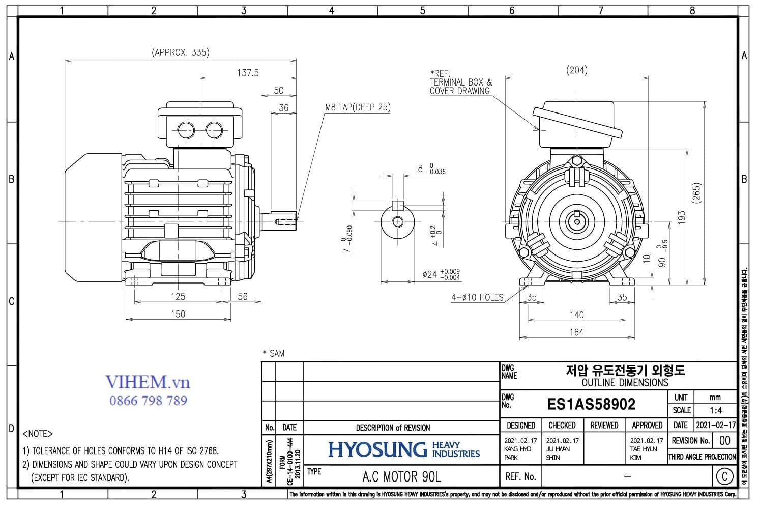 thông số kỹ thuật & kích thước lắp đặt Motor Hyosung 2.2kW - 2P (3000rpm)