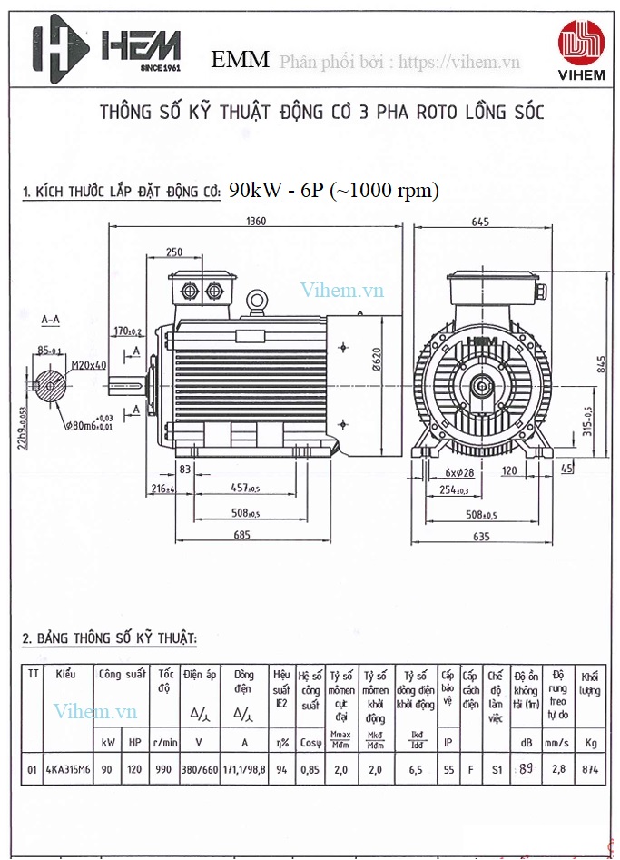 Thông số kỹ thuật & kích thước lắp đặt Motor 90kW - 6P (tốc độ 990 - 1000 rpm)