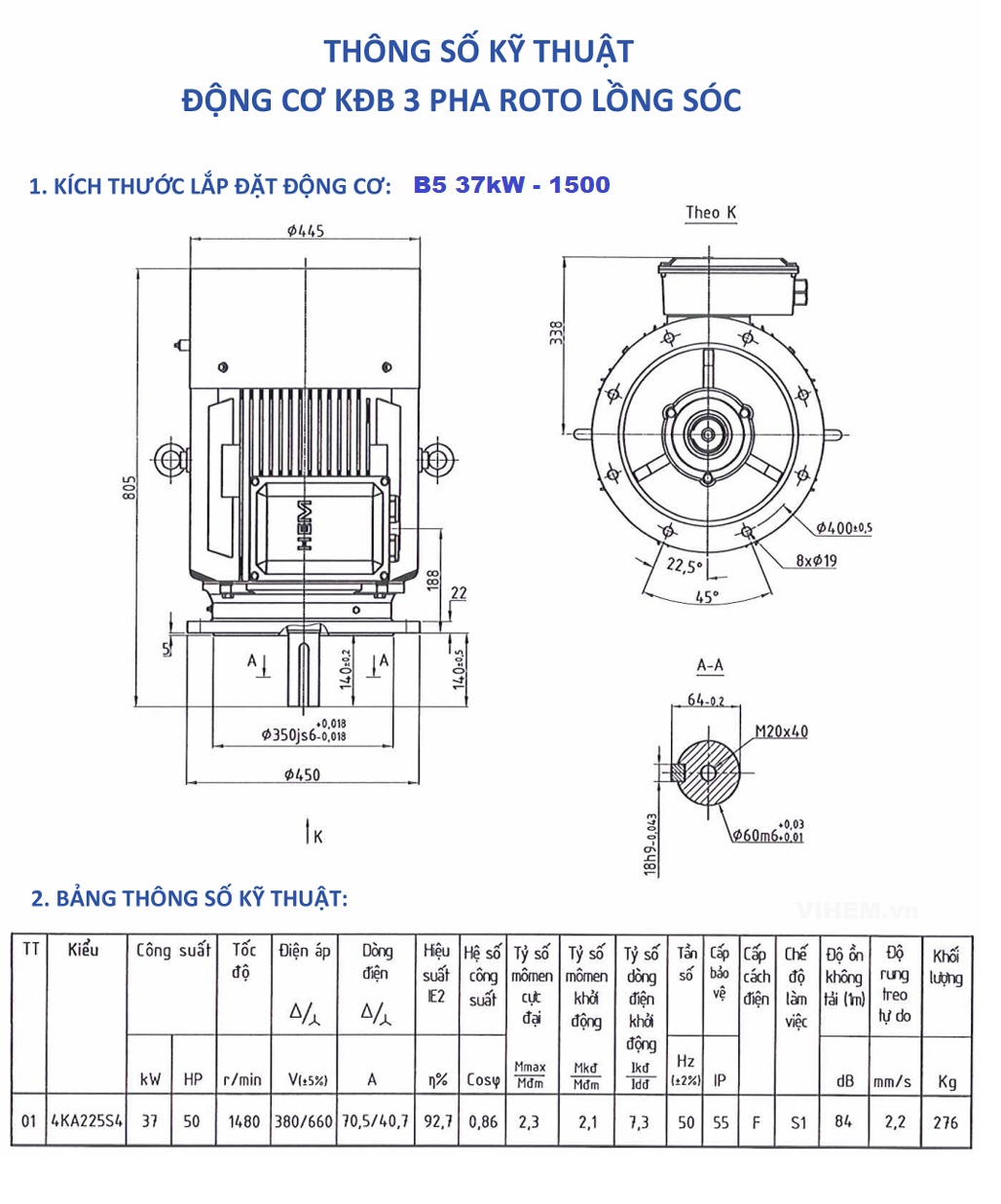 Mô tơ điện 37kW mặt bích tốc độ 1480 r/min