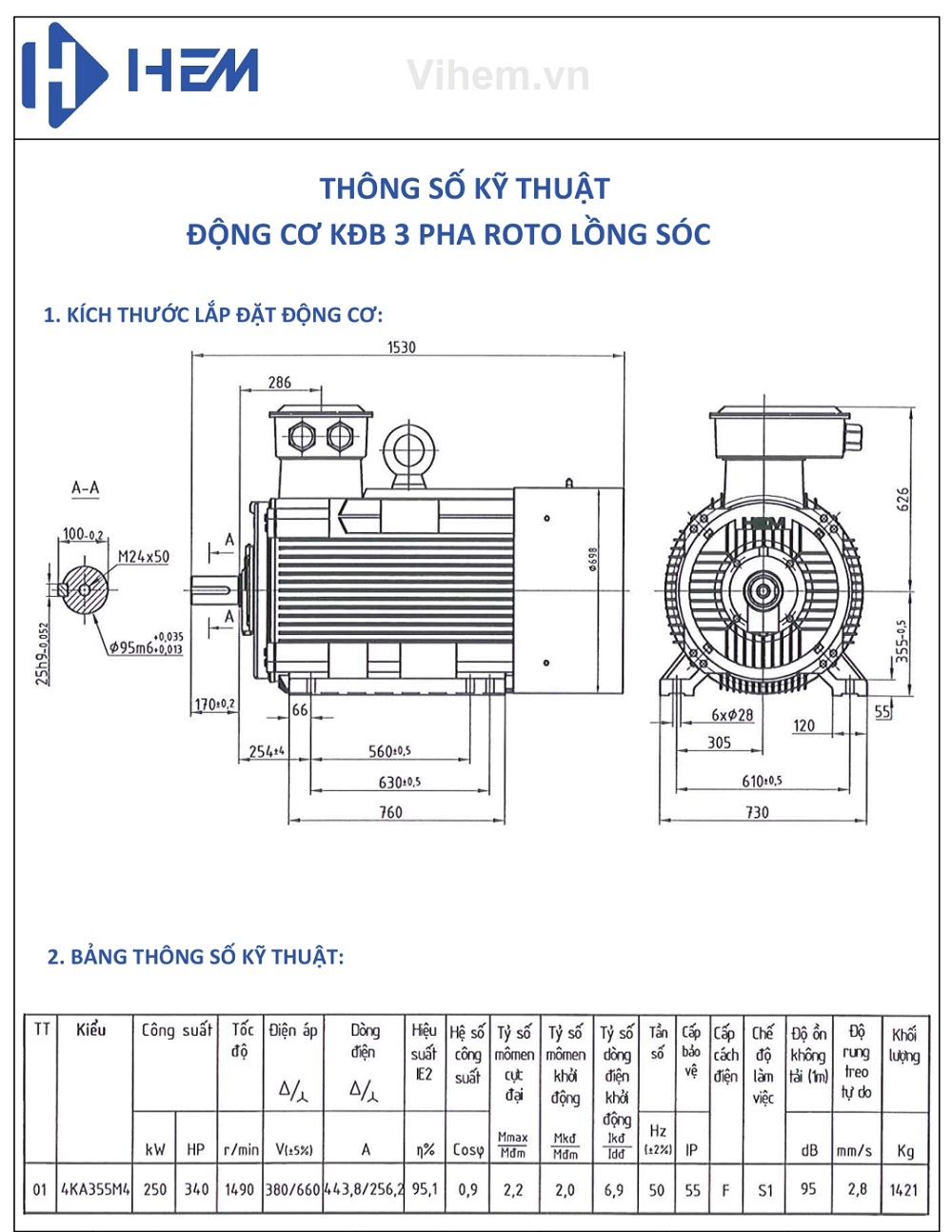 Catalogue Motor 3 pha 250kW - 4P (tốc độ ~1500 r/min) HEM EMM