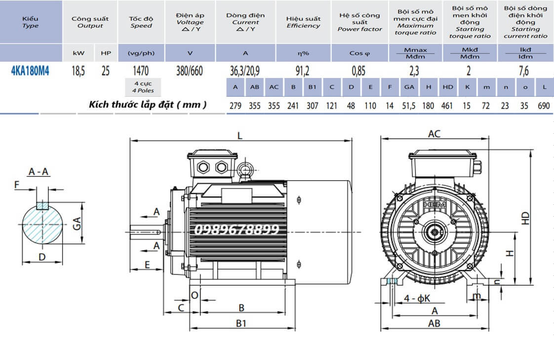 Catalogue Động cơ 3 pha 18.5kW (25HP) tốc độ 1470 (1500) r/min (4 cực)