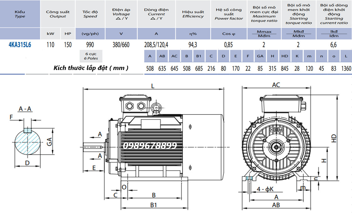 Thông số kỹ thuật & kích thước lắp đặt Động cơ điện 110kW - 6P (tốc độ 990-1000 r/min)