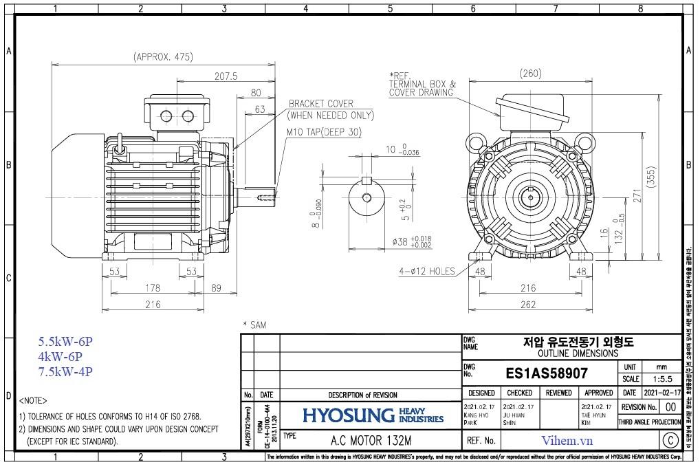 Kích thước lắp đặt & thông số kỹ thuật  HYOSUNG motor 5.5kW - 6P (1000rpm)