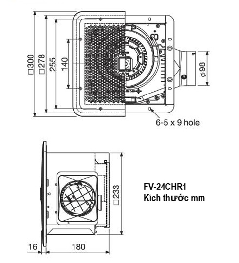Kích thước lắp đặt quạt Panasonic FV-24CHR1 công suất 17W lưu lượng 200m³/h