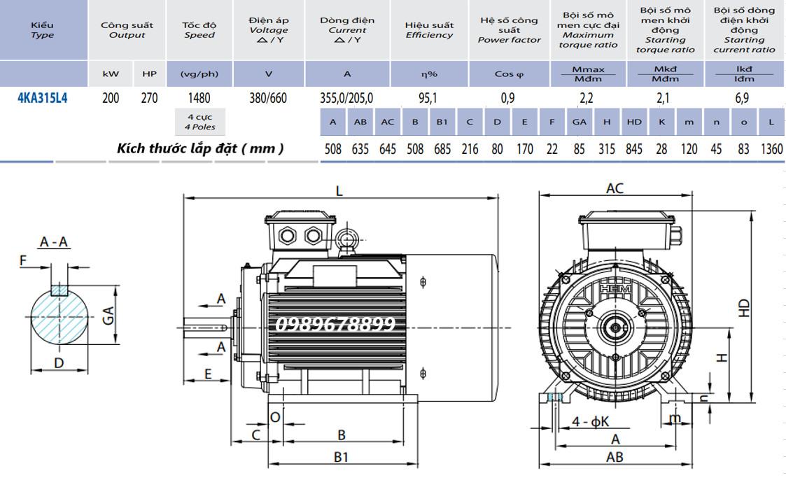 Catalogue Động cơ điện 3 pha 200kW (270HP) - 4P (tốc độ~1500 r/min) HEM EMM