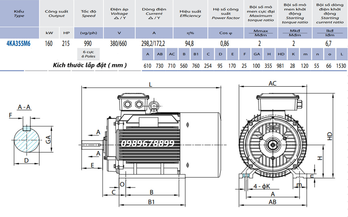 Thông số kỹ thuật & kích thước lắp đặt Mô tơ điện 160kW -6P (tốc độ 990-1000 r/min) 6 cực điện