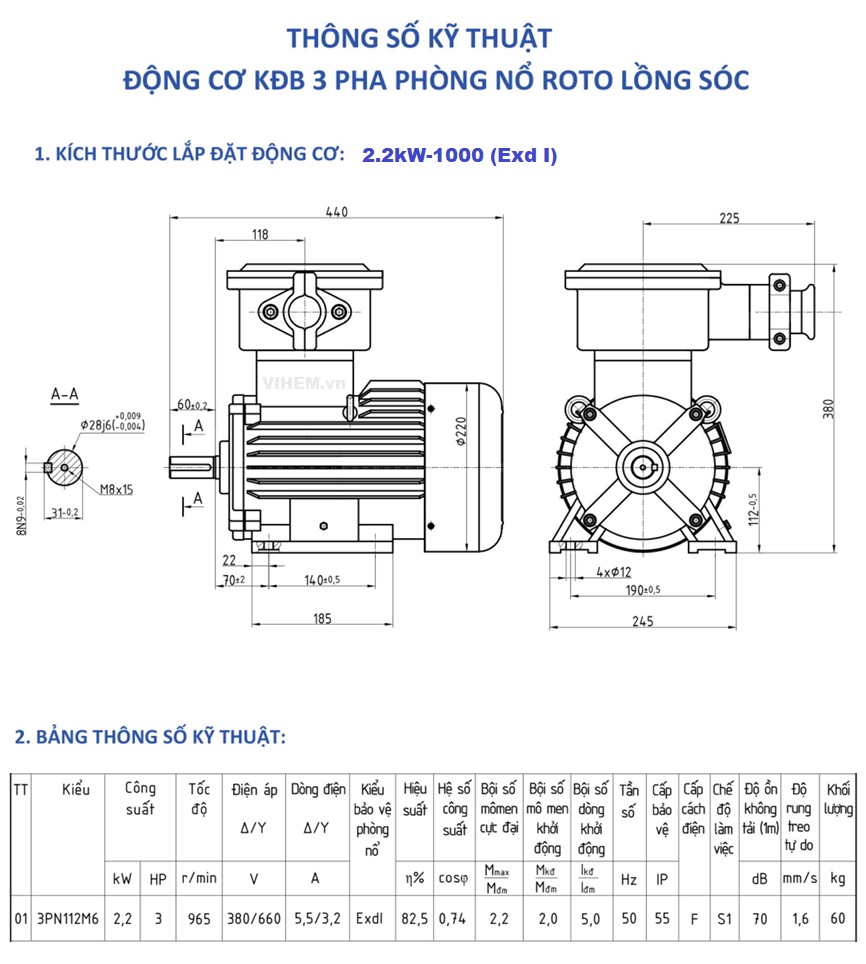 Bản vẽ lắp đặt động cơ phòng nổ 2.2kW - 1000 r/min