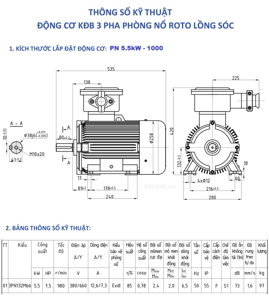 Động cơ điện phòng nổ 5.5kW tốc độ 980 r/min 6P