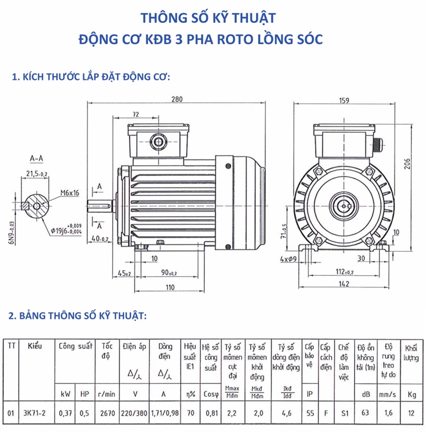 Bản vẽ kỹ thuật Motor điện 3 pha 0.37kW (0.5HP) tốc độ 2670 (3000) r/min 6 điện cực HEM VIHEM