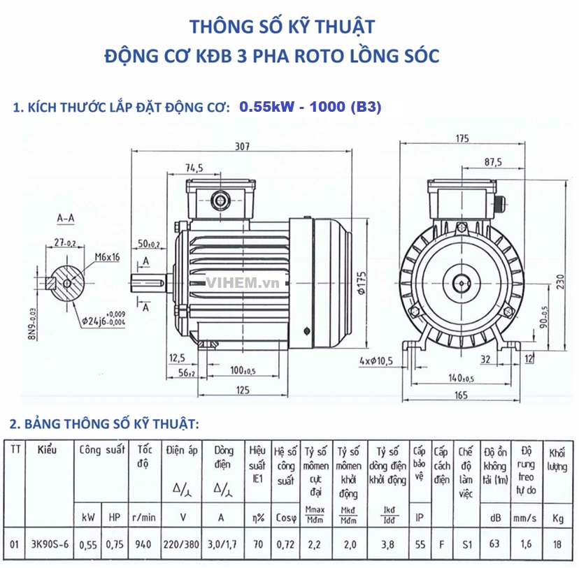 Kích thước lắp đặt Động cơ điện 3 pha 0.55kW (0.75hp) tốc độ 1390 (1500) r/min 4 điện cực HEM VIHEM 