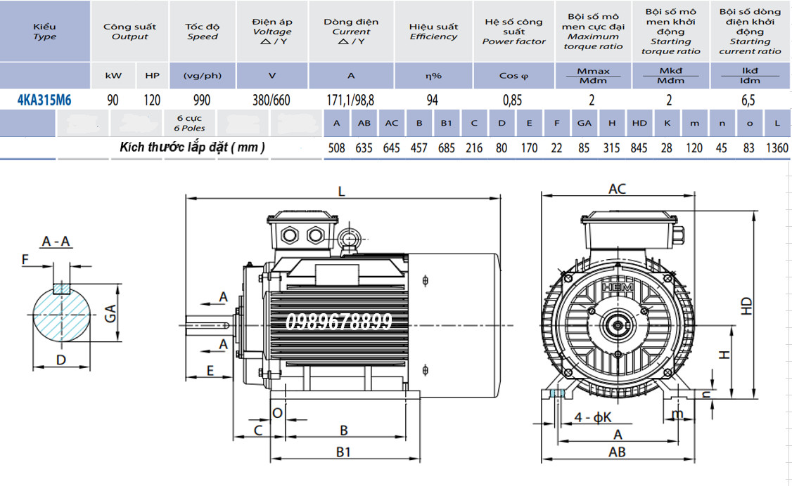 Catalogue mô tơ 90kW -6P (tốc độ 990 - 1000rpm)