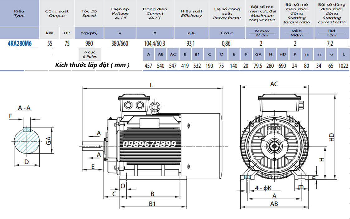Catalogue động cơ 55kW - 6P ( tốc độ 980 - 1000 rpm)