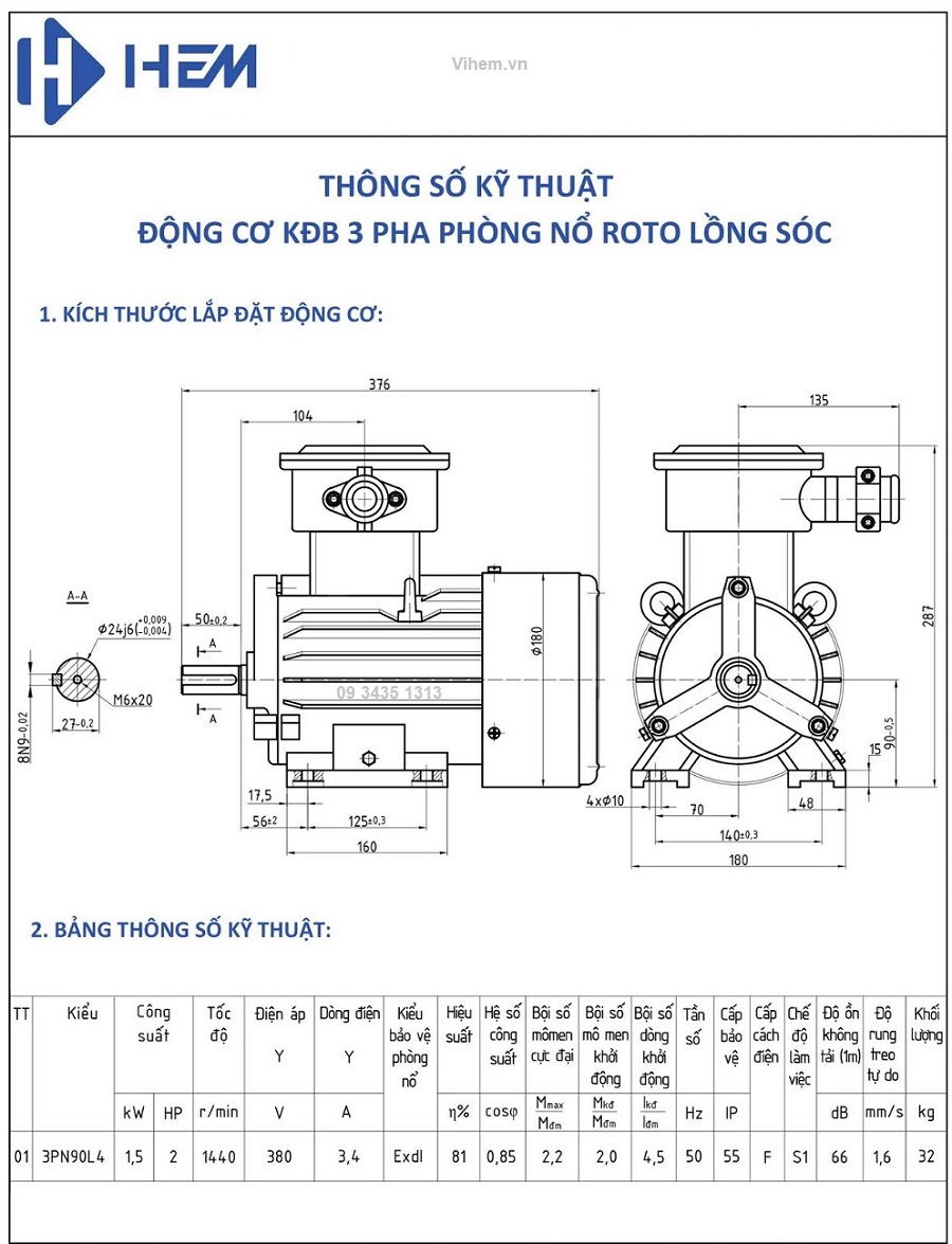 Bản vẽ lắp đặt motor phòng nổ 1.5kW-1500-3PN90L4