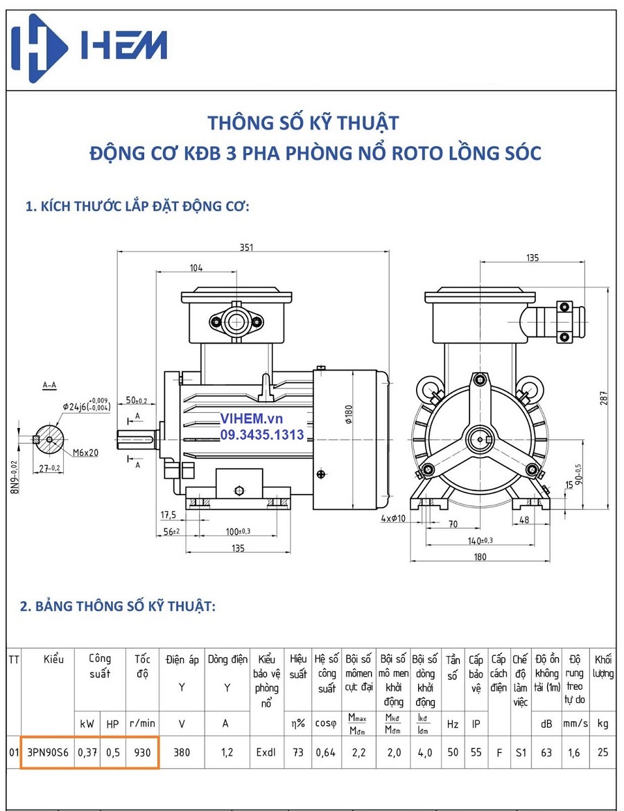 Bản vẽ kỹ thuật động cơ phòng nổ 3 pha 0.37kW-6P(1000rpm)-380V-3PN90S6-B3 (tốc độ ~1000 v/ph)