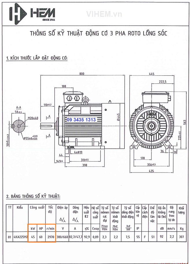 Bản vẽ & thông số kỹ thuật motor 3 pha 45kW - 2P - tốc độ 2970 ~3000 r/min 2 cực
